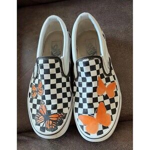 Vans Checkered Hand painted Butterfly Monarch Sneakers Women Slip On Shoe 9.5m